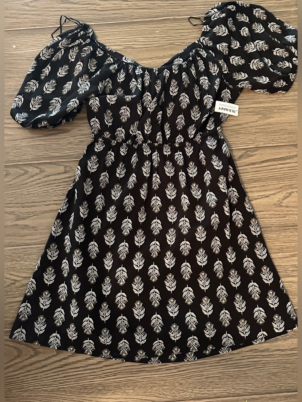 Old Navy Black Mini Dress with White Leaf Print